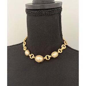 Vintage Dior Gold Tone 3 Pearls Inlay Choker Necklace statement‎ costume jewelry